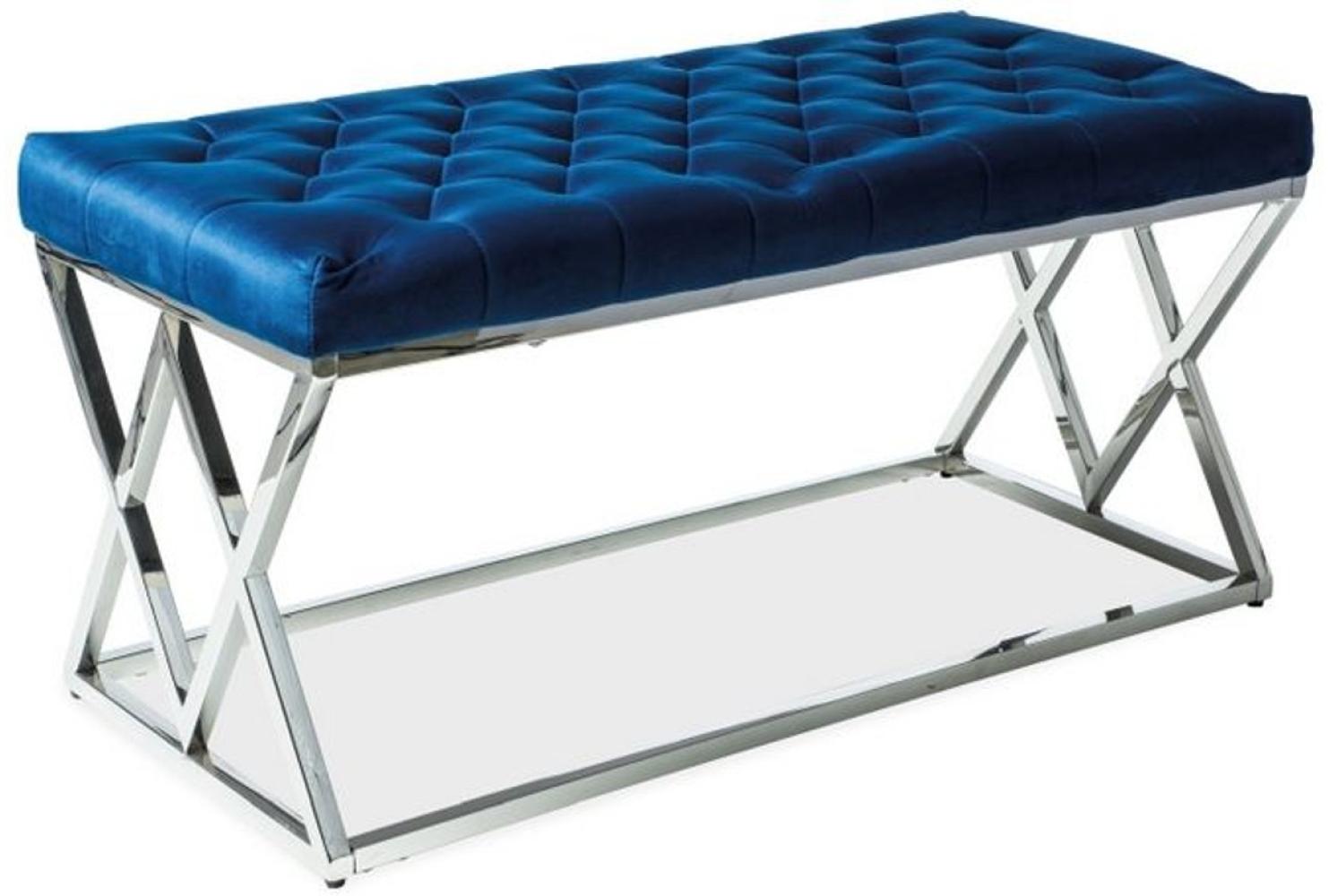 Casa Padrino Luxus Sitzbank Marineblau / Silber 100 x 48 x H. 46 cm - Gepolsterte Samt Bank mit verchromtem Edelstahl Gestell - Wohnzimmer Möbel Bild 1