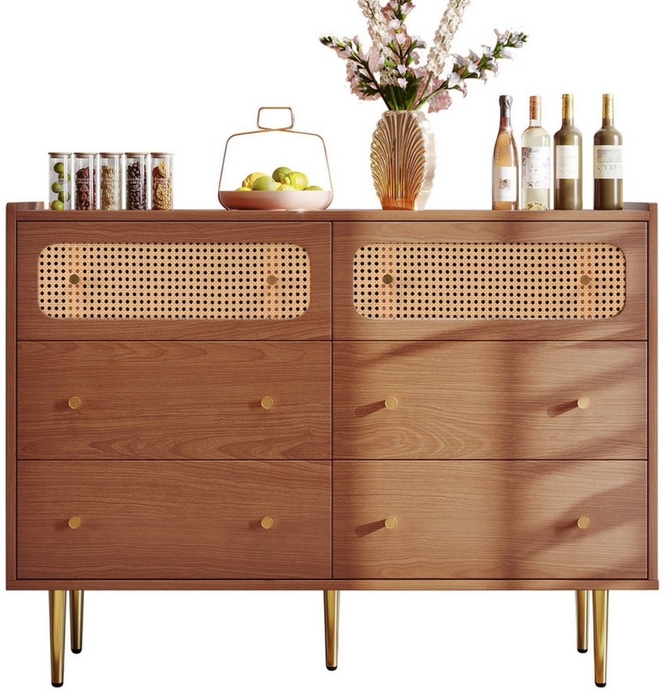 HAUSS SPOLE Kommode Schubladenkommode Kommode Rattan Sideboard Highboard (Schubladenkommode mit 6 Schubladen aus Massivholz Holz) Bild 1