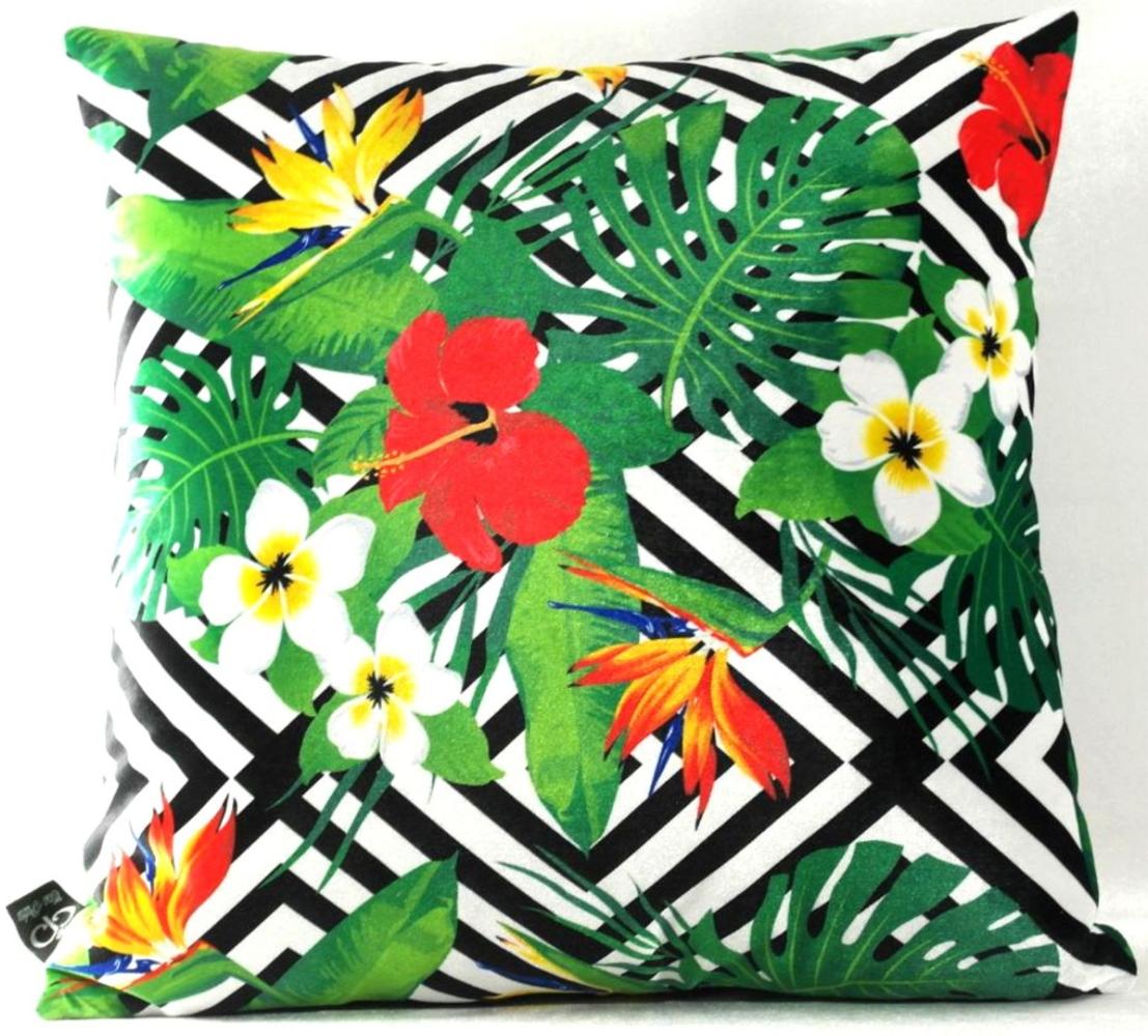 Casa Padrino Luxus Kissen Miami Flowers Schwarz / Weiß / Mehrfarbig 45 x 45 cm - Feinster Samtstoff - Wohnzimmer Deko Zierkissen Bild 1