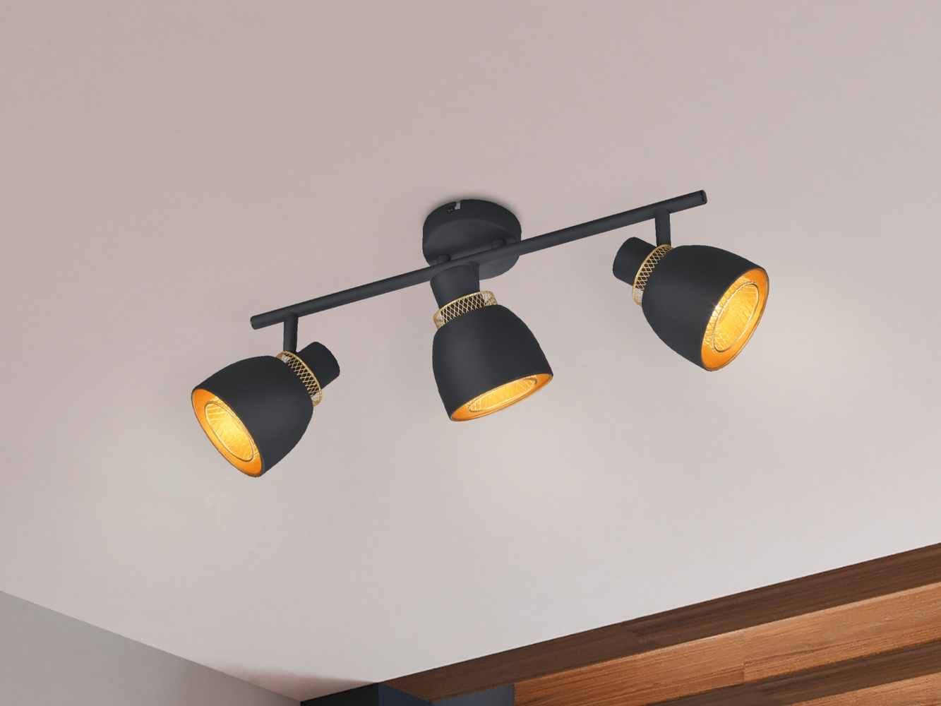 Deckenstrahler PUNCH 3-flammig Schwarz Gold mit Drahtgeflecht, Breite 45cm Bild 1
