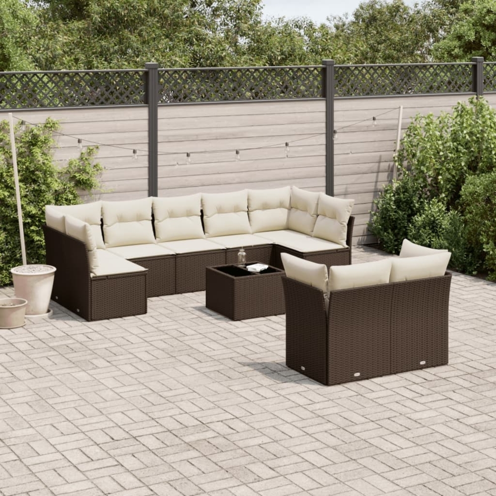 vidaXL 10-tlg. Garten-Sofagarnitur mit Kissen Braun Poly Rattan 3218163 Bild 1