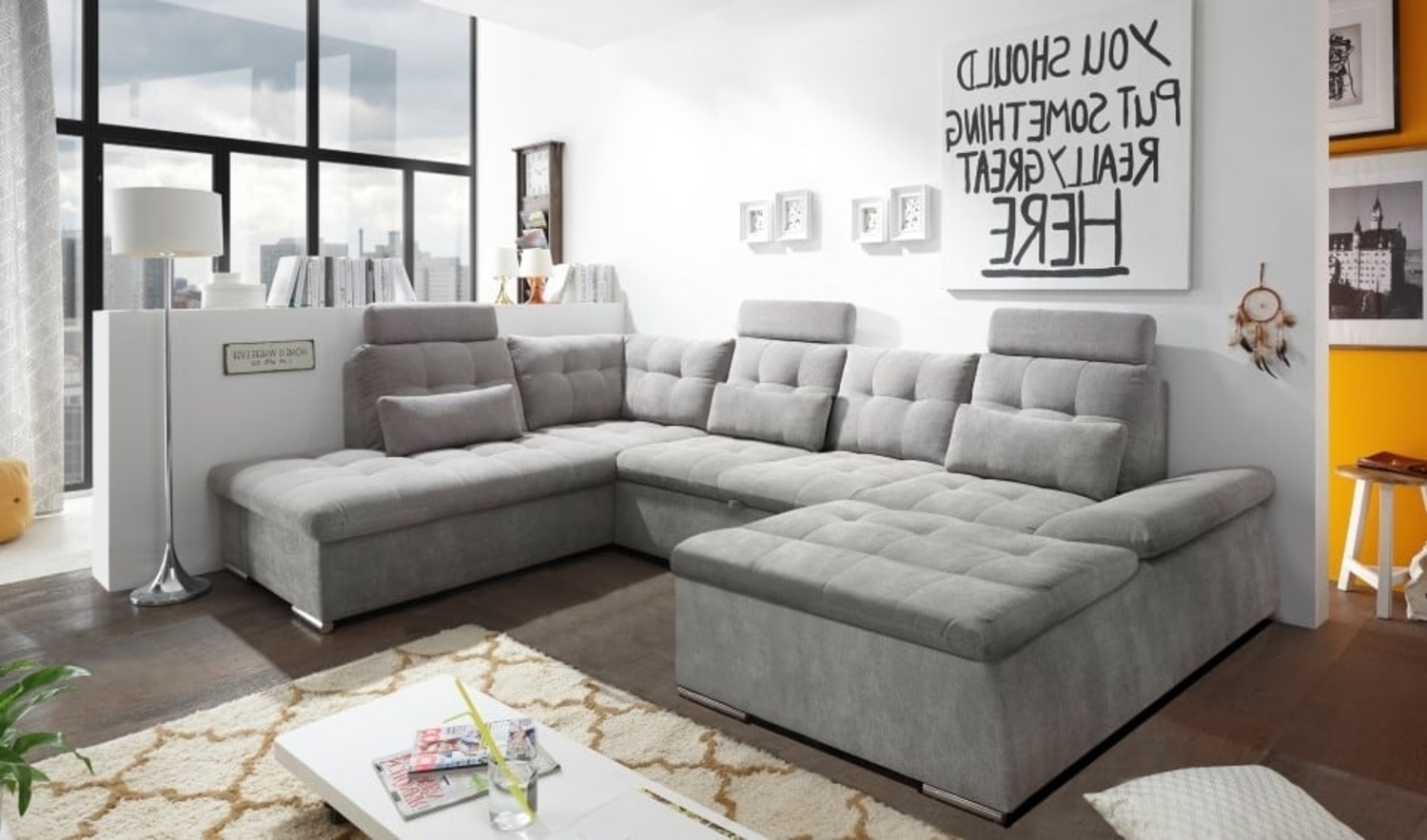 Couch NALO Sofa Schlafcouch Wohnlandschaft Bettsofa schlamm grau U-Form links Bild 1
