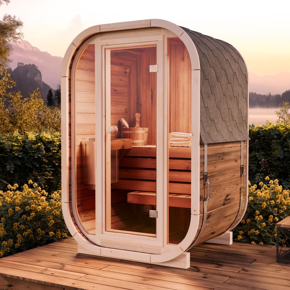 FinnTherm Fasssauna Ellipso S Fasssauna 1 Sitzbänke aus Holz Sauna mit 42 mm Wandstärke Außensauna mit Montagematerial Bild 1