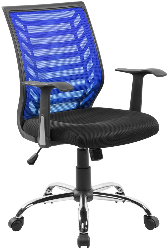 Dmora Stuhl mit Rädern Camaleonte, Netz-Arbeitsstuhl mit Armlehnen, ergonomischer Bürositz, 59 x 60 x 93/103 cm, Schwarz und Blau Bild 1