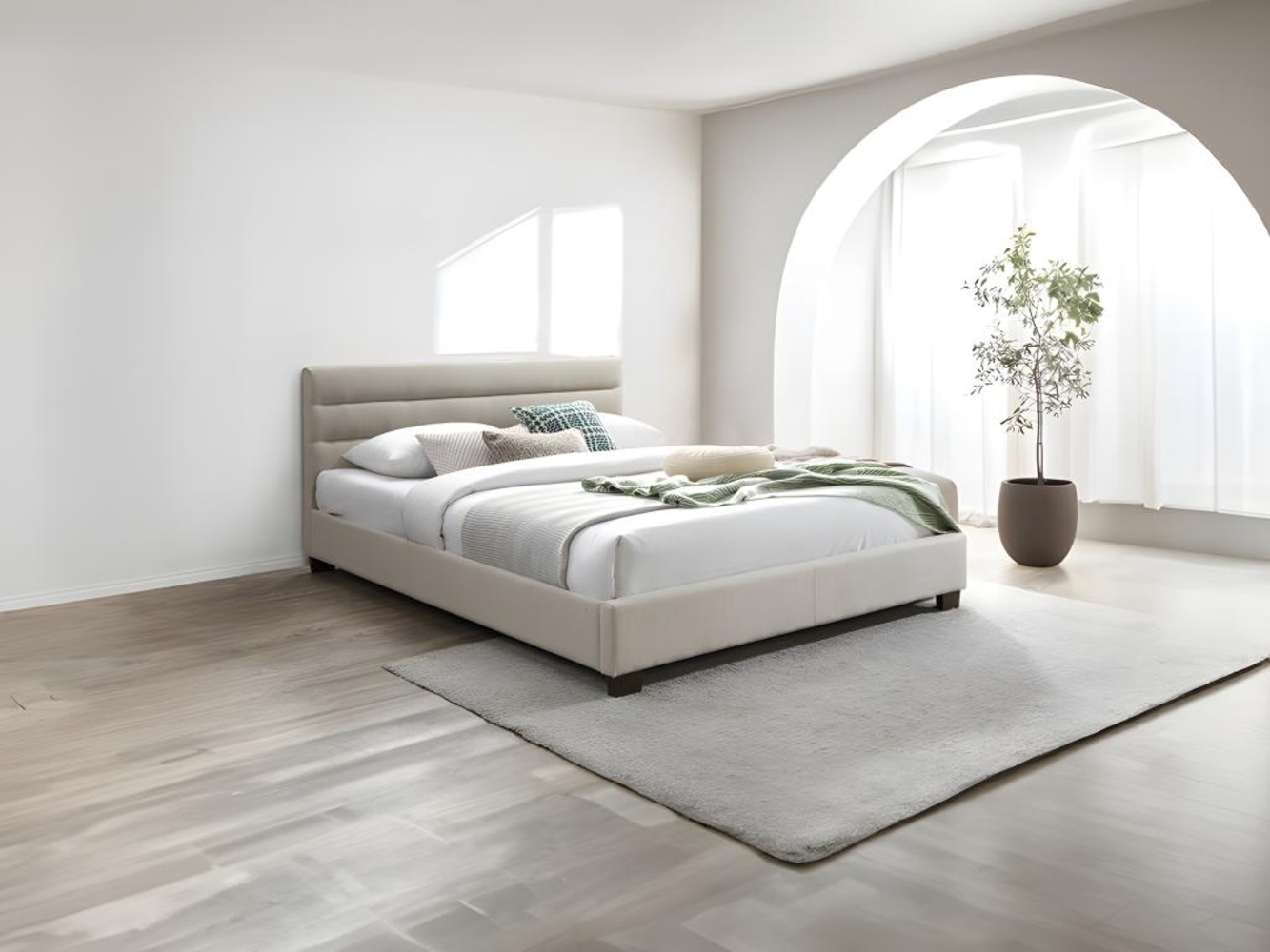 Vente-unique - Polsterbett - 160 x 200 cm - Stoff - Beige + Matratze- FAUSTIN Bild 1