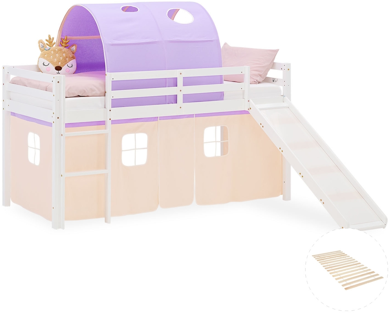 Hochbett Kinder 90x200 cm mit Lattenrost Rutsche Kinderbett Kinderhochbett Stockbett Vorhang Tunnel Lila Peach Bild 1