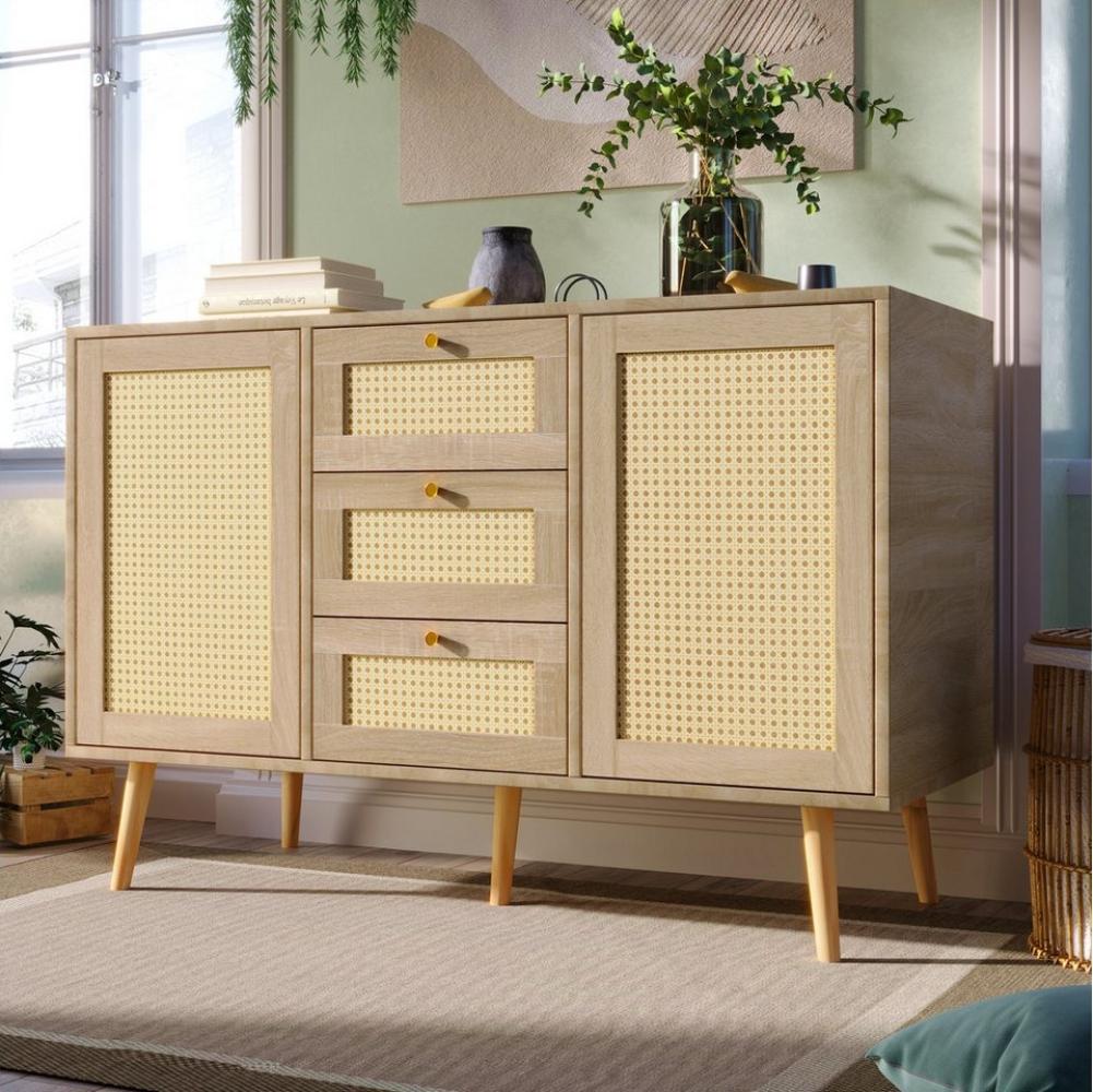 Flieks Kommode, Sideboard mit 3 Schubladen & 2 Türen Rattan Eiche 120x82x40cm Bild 1