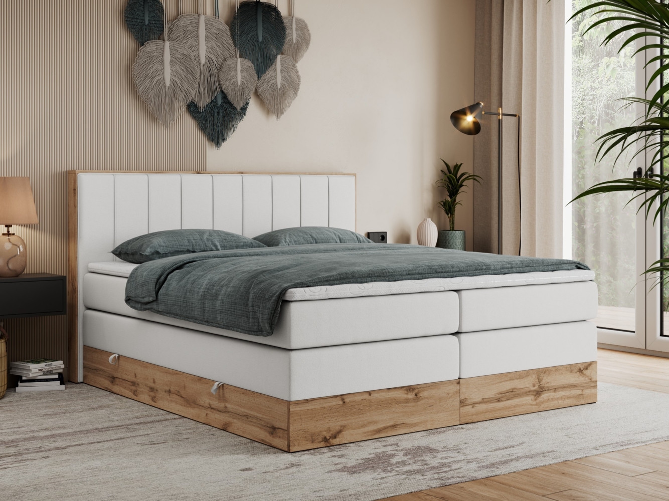 Boxspringbett BELLISSIMO KING, Doppelbett mit Multipocket-Matratze, Polsterbett mit Kopfstütze - 200 x 200 cm - Weiß Kunstleder - H3 Bild 1