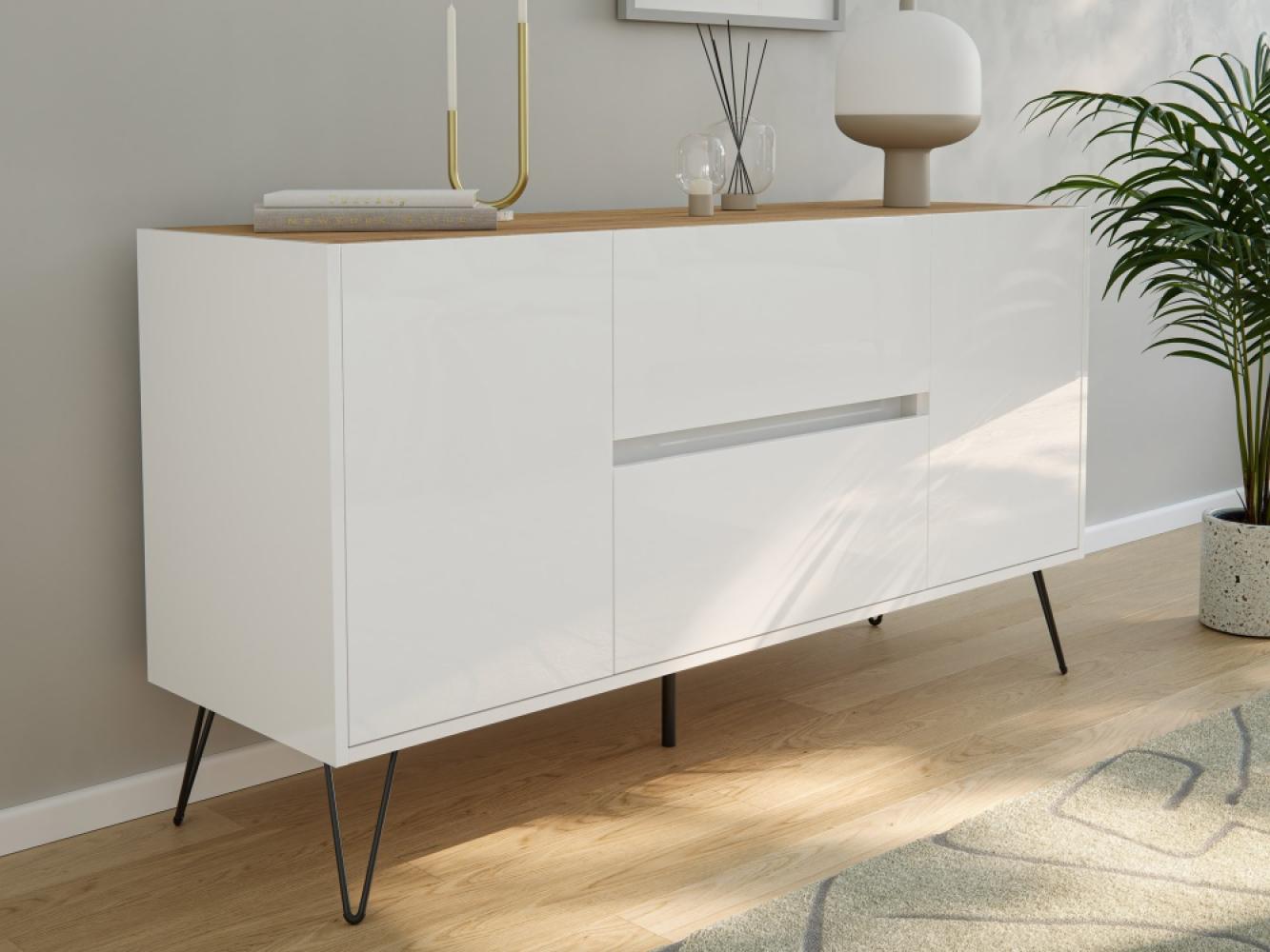 Raumwunder Sideboard Kommode Maya 140cm 2 Greif-SoftClose 2 Türen Weiß/Eiche Top : Weiss hochglanz / Oak Gold Bild 1