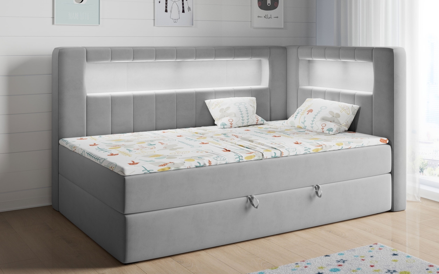 Boxspringbett mit LED, Einzelbett mit Bettkasten und Topper - JUNIOR GOLD 3 - 90x200 cm - Grau - Rechte Seite Bild 1