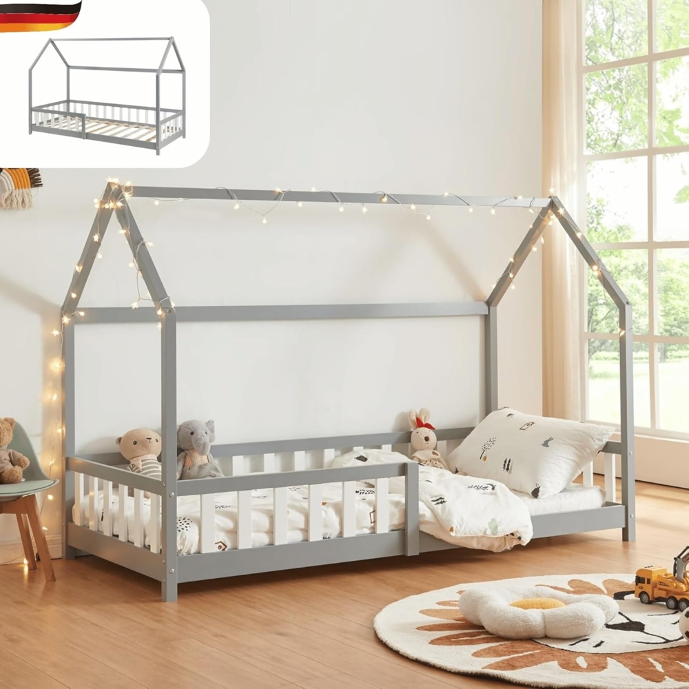 DELUKE® Kinderbett 90x200 OKLA - mit Lattenrost Rausfallschutz Haus-OptikEinzelbett aus Holz Hausbett Kinderzimmer Montessori Bett Grau Bild 1