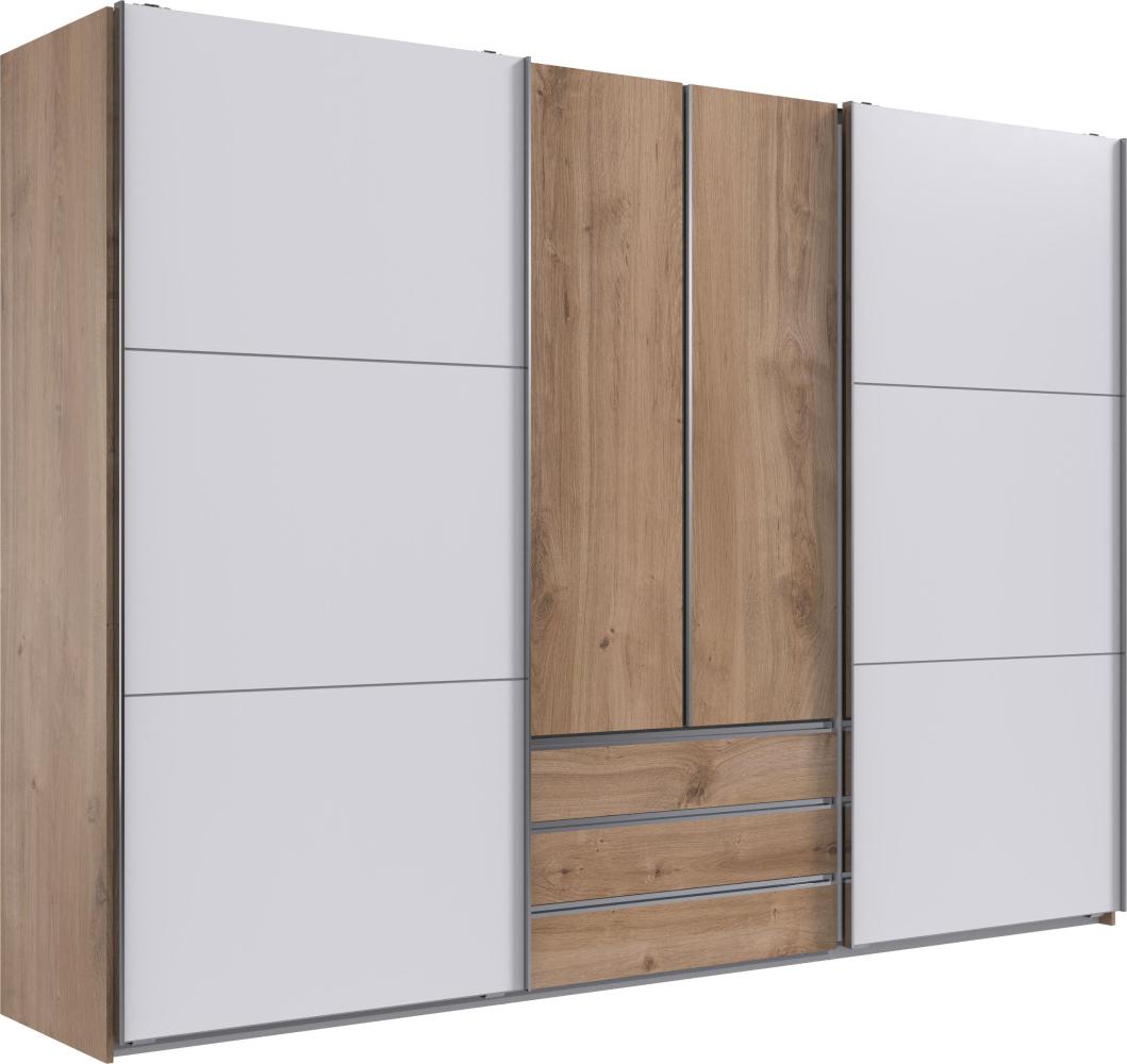 Schwebetürenschrank >MAGIC< in PLANKENEICHE + WEISS - 300x216x65cm (BxHxT) Bild 1