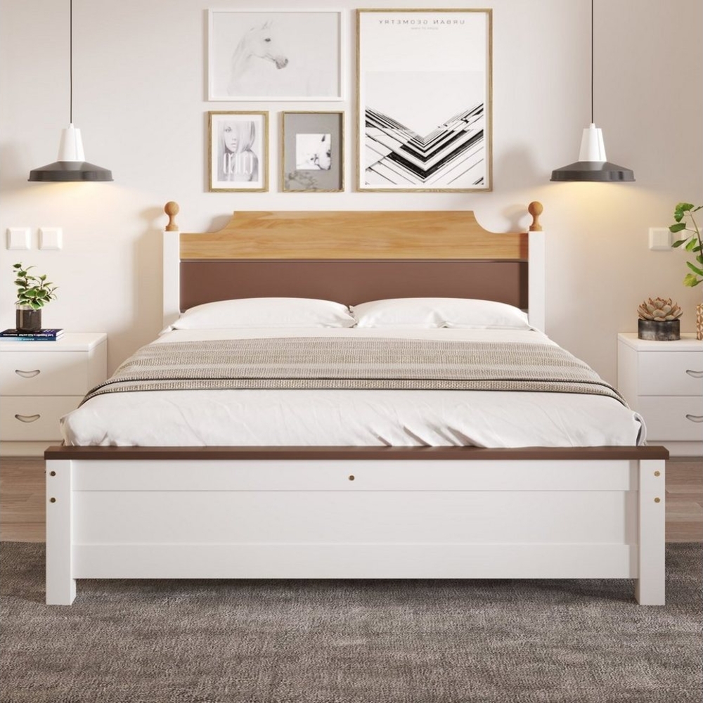 OKWISH Holzbett Einzelbett, Kiefernholzrahmen mit Mittelfuß, Erwachsenenbett (140x200 cm, Erwachsenenbett, mit Kopf- und Fußteil aus MDF), ohne Matratze Bild 1