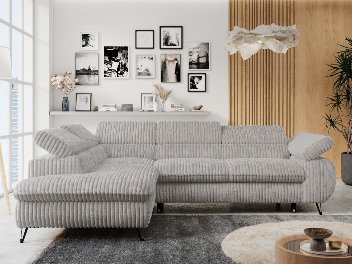 Ecksofa mit Bettfunktion, Modern Sofa, L-form, Einstellbare Kopfstützen, Bettkasten, PETER, 1x Ecksofa, Hellgrau, Cord, links Bild 1