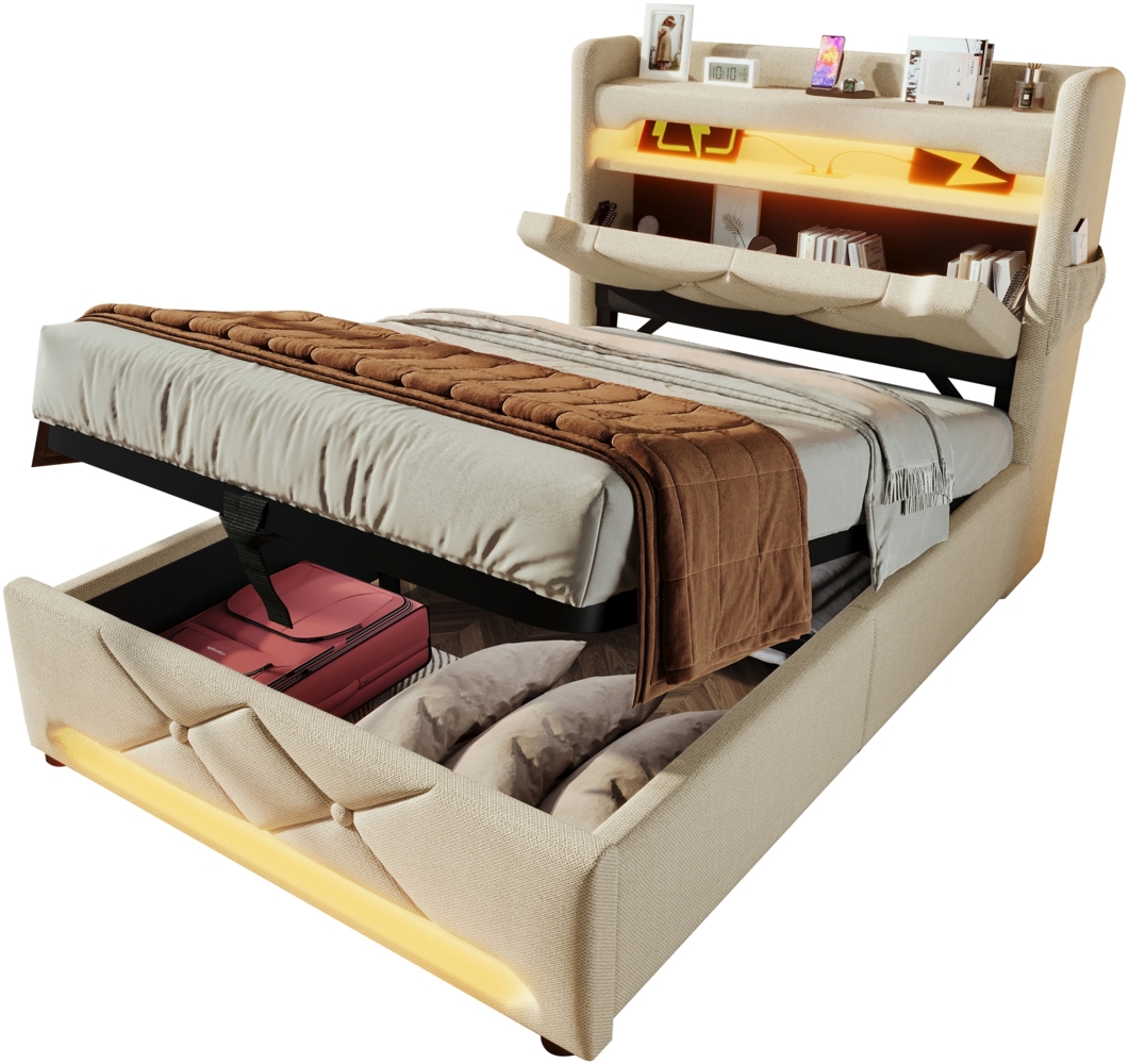 Polsterbett Betten mit Hydraulisch Stauraum, USB und Typ C-Port, LED-Funktion, Beige,90*200cm,ohne Matratze Bild 1