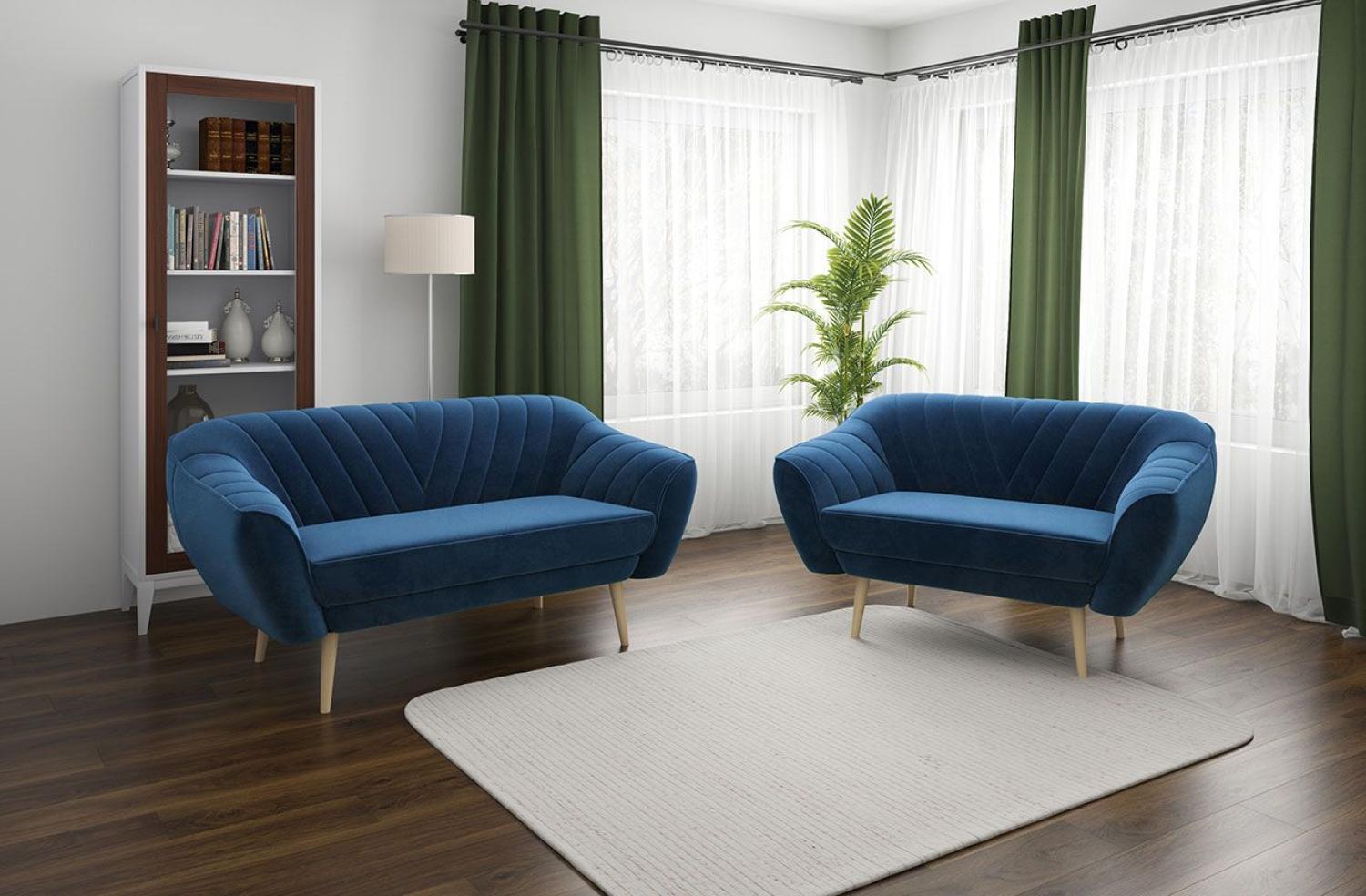 Couchgarnitur zum Wohnzimmer, Sofa-Set - Sofa MIA - 3 2 - Dunkelblau Velours Bild 1