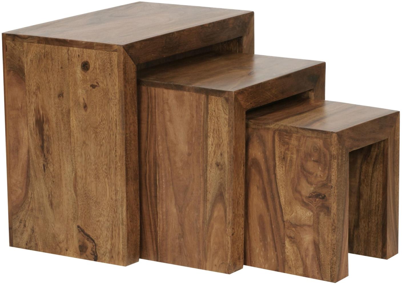 Kadima Design Satztisch Set: 3-teilig, Massivholz, platzsparend, handgefertigt, 45x50x30 cm, 37,5x37,5x28 cm, 30x25x25 cm. Braun Bild 1