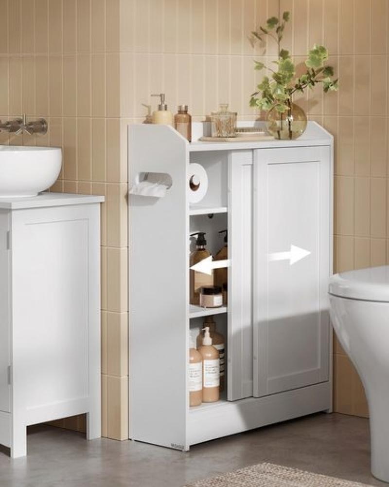 Vasagle Badezimmerschrank, Badschrank platzsparend, Toilettenrollenhalter, Toilettenbürstenhalter, Schiebetüren, verstellbare Einlegeböden, neben der Toilette, 20 x 60 x 80 cm, wolkenweiß BBC752W01 Bild 1