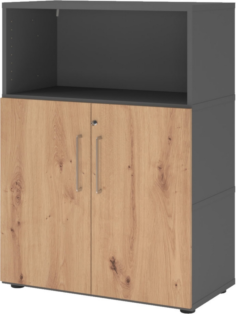 bümö flexi Aktenschrank abschließbar mit Flügeltüren & 1 Regalfach in Graphit/Asteiche, Büroschrank mit werkzeuglosem Schnellmontage-Klicksysten in modularer Bauweise, FW38T2KG-G-R-BS Bild 1