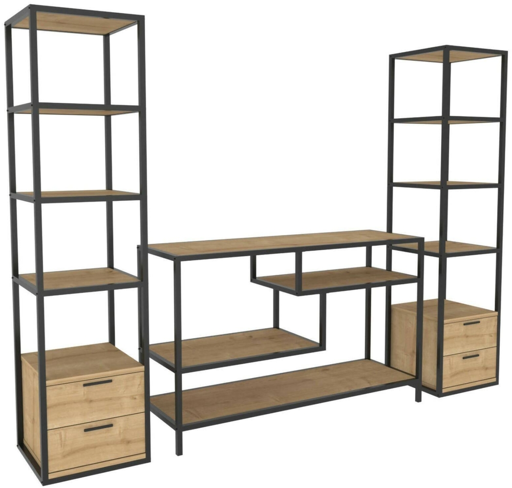 Dmora Wohnzimmermöbel Felion, Modulares Wohnzimmerset, Mehrzweck-Wohnzimmermöbel, Moderner TV-Schrank, 198x39h160 cm, Schwarz und Eiche Bild 1