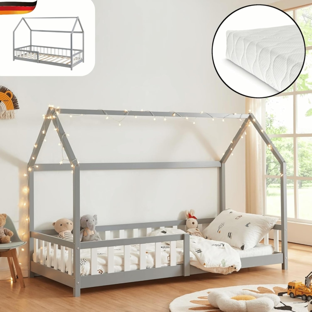 DELUKE® Kinderbett 90x200 OKLA - mit Matratze Lattenrost Rausfallschutz Haus-OptikEinzelbett aus Holz Hausbett Kinderzimmer Montessori Bett Grau Bild 1