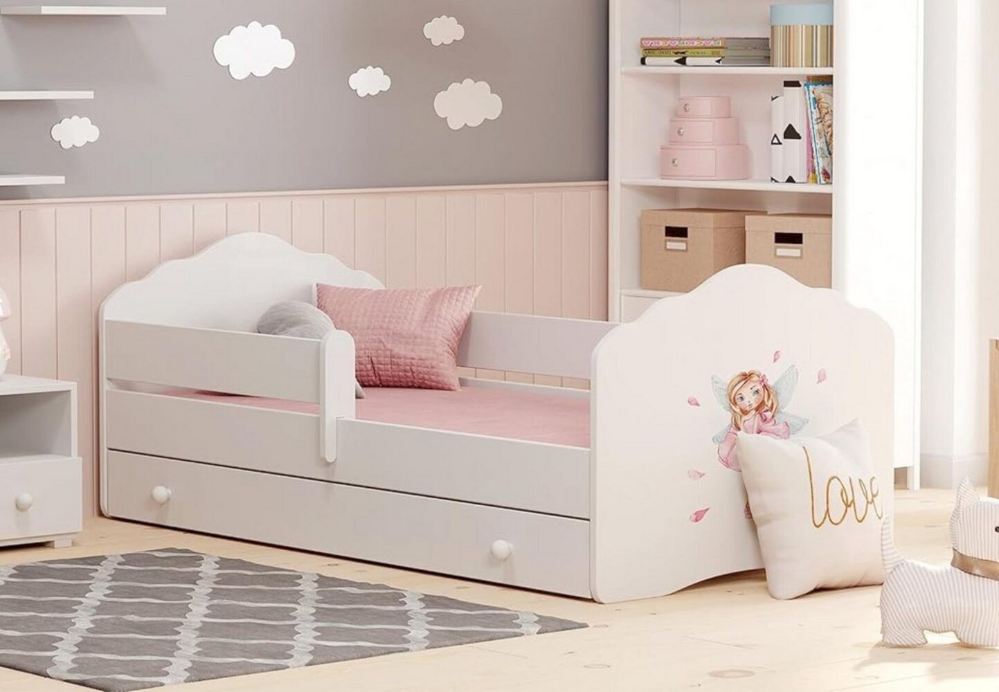 Kids Collective Kinderbett für Mädchen mit Matratze und Schublade & Lattenrost (70x140, 80x160 cm Jugendbett Einzelbett Komplettbett in weiß mit Prinzessin Motiv), Bett für Kinder Bett komplett Set Rausfallschutz Kinderbett 80x160 cm Bild 1