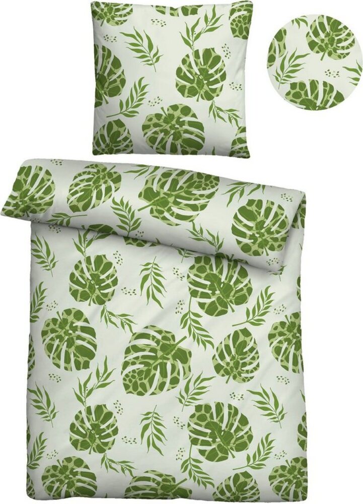Traumhaft schlafen - Castell - Markenbettwäsche Baumwoll Linon Bettwäsche 0040784 BLÄTTER TROPICAL, fichte, 1x 155x220 cm + 1x 80x80 cm Bild 1