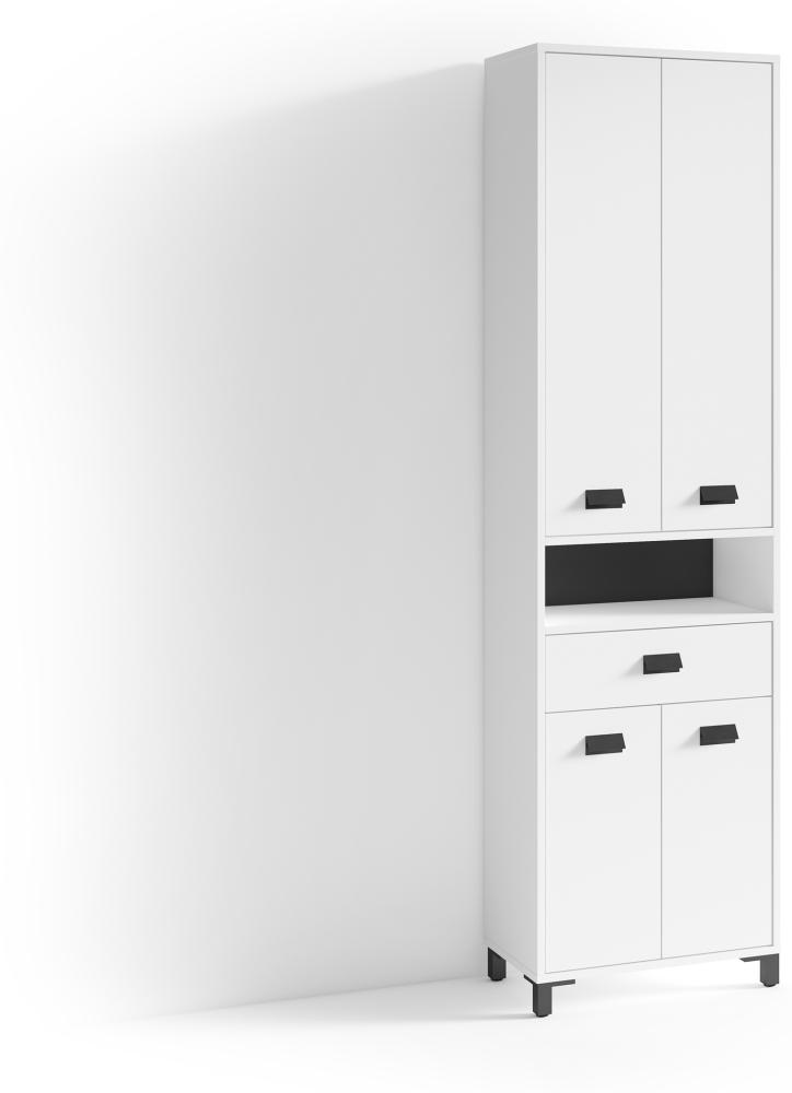 byLIVING Badezimmer-Hochschrank WELLNESS in Melamin weiß, Griffe aus Metall in schwarz / Badezimmerschrank 4 Türen mit offenen Elementen & viel Stauraum / B 54, H 193, T 31 cm Bild 1