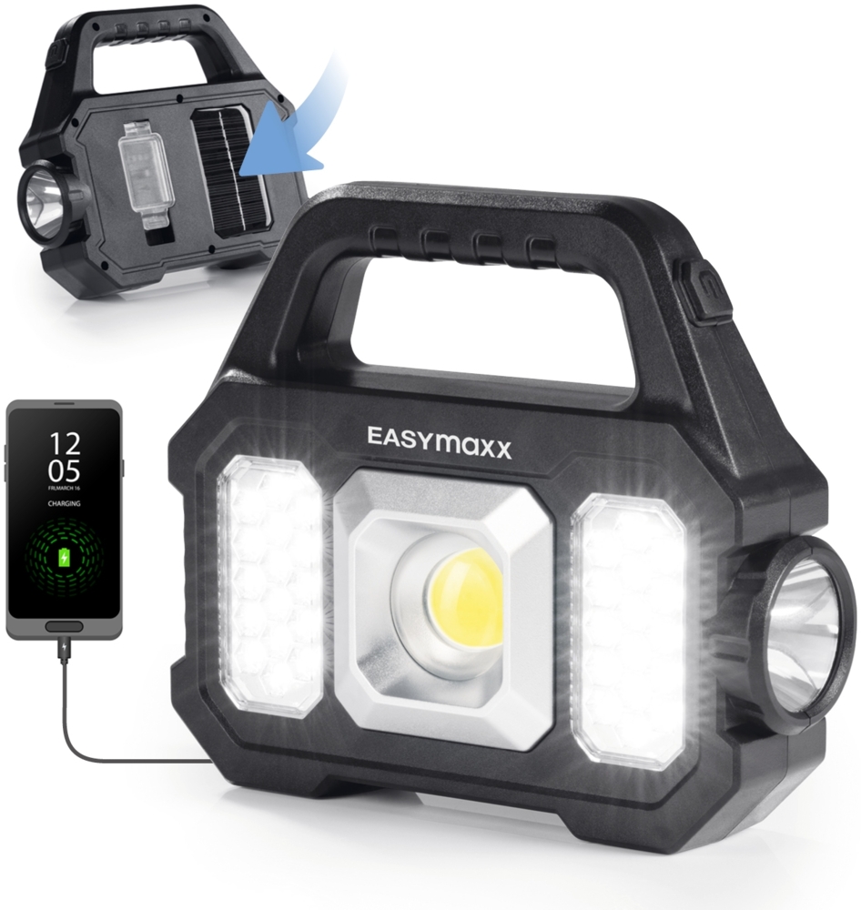 EASYmaxx LED Taschenlampe Solar-Arbeitsleuchte 3 in 1: COB-Strahler, dimmbares Seitenlicht, Aufladen durch Solarpanel oder per USB-Anschluss Bild 1