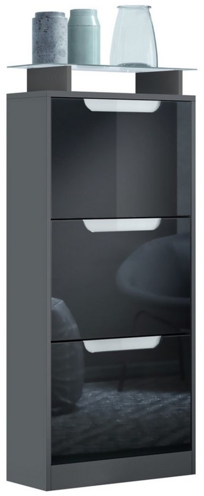 Vladon Schuhschrank Space V2 (Schuhkipper, für 12 Paar Schuhe mit 3 Klappen und Glasablage) Anthrazit matt/Schwarz Hochglanz (46 x 128 x 23 cm) Bild 1