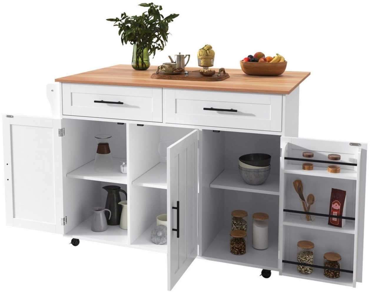 HAUSS SPLOE Sideboard Küchenwagen Buffetschrank Küchenschrank mit Rollen,Ablage (1 St, 5 Räder, 3 Tür), mit Ausziehbare Arbeitsplatte,Massivholzbeine umschaltbar Bild 1