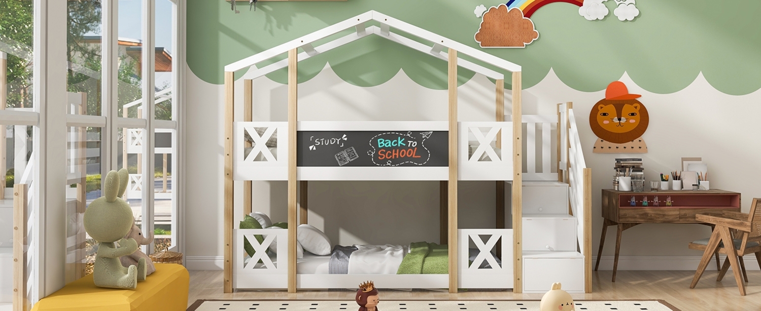 Etagenbett 90x200 cm im Baumhaus-Design, Kiefer-Massivholz & Spanplatte, Treppenschrank mit Stauraum und erhöhtem Rausfallschutz, Weiß/Natur Bild 1