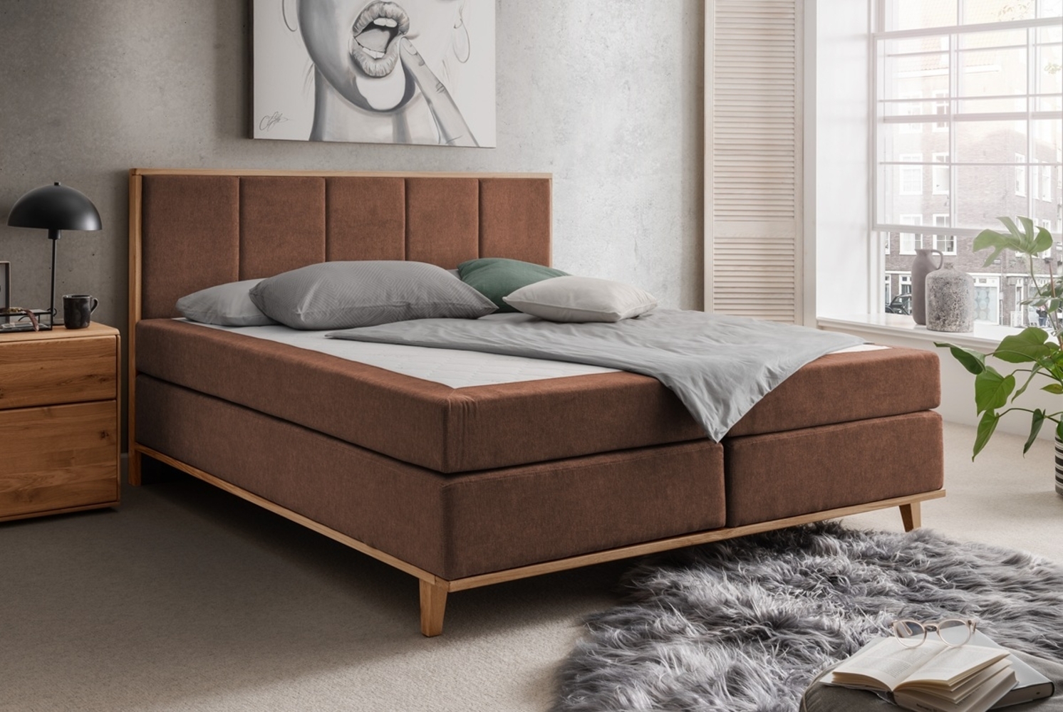 Boxspringbett 'Niklas' 200x200cm Eiche Stoff braun Bild 1