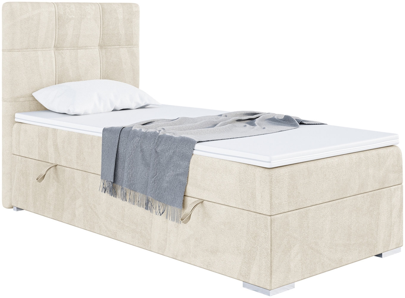 MEBLINI Boxspringbett KAI 90x200 cm mit Bettkasten - H3/Creme Samt Gepolstert Einzelbett mit Topper & Taschenfederkern-Matratze - 90x200 Links Bild 1