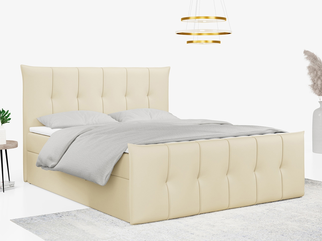 Boxspringbett, mit Fußteil, 2 Bettkästen - PREMIUM-11 - 140x200cm - Creme Kunstleder - H4 Bild 1