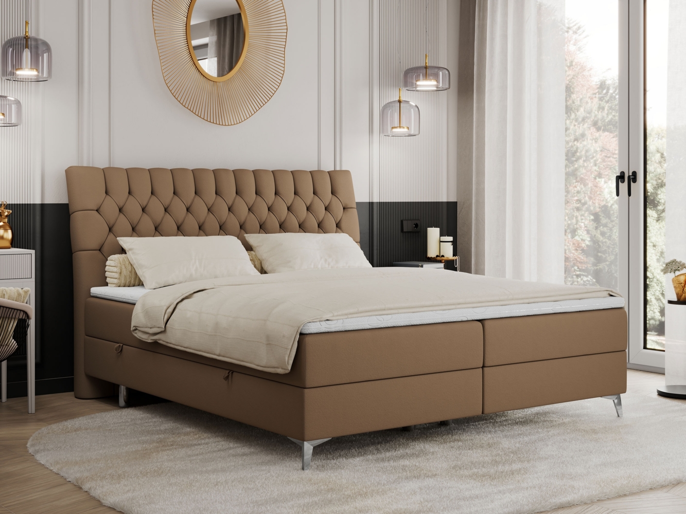 Boxspringbett mit 2 Bettkästen Matratze und Topper - MILEN - 160x200cm - Braun Kunstleder - H3 Bild 1