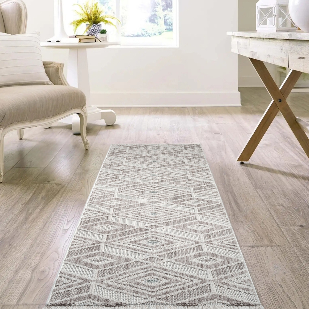 Teppich Läufer - 80x300cm - Beige Grün - Boho-Style mit Fransen - Rauten Muster - Flachflor Wohnteppich Schlafzimmer Deko Bild 1