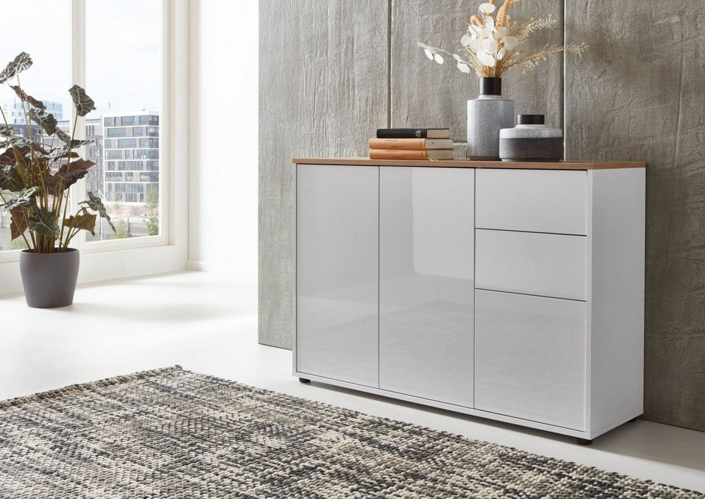 BMG Möbel Kommode Mailand 10 Artisan (in Weiß-Oberboden Artisan Eiche/Hochglanz Weiß), Schubladenkommode Anrichte Sideboard Bild 1