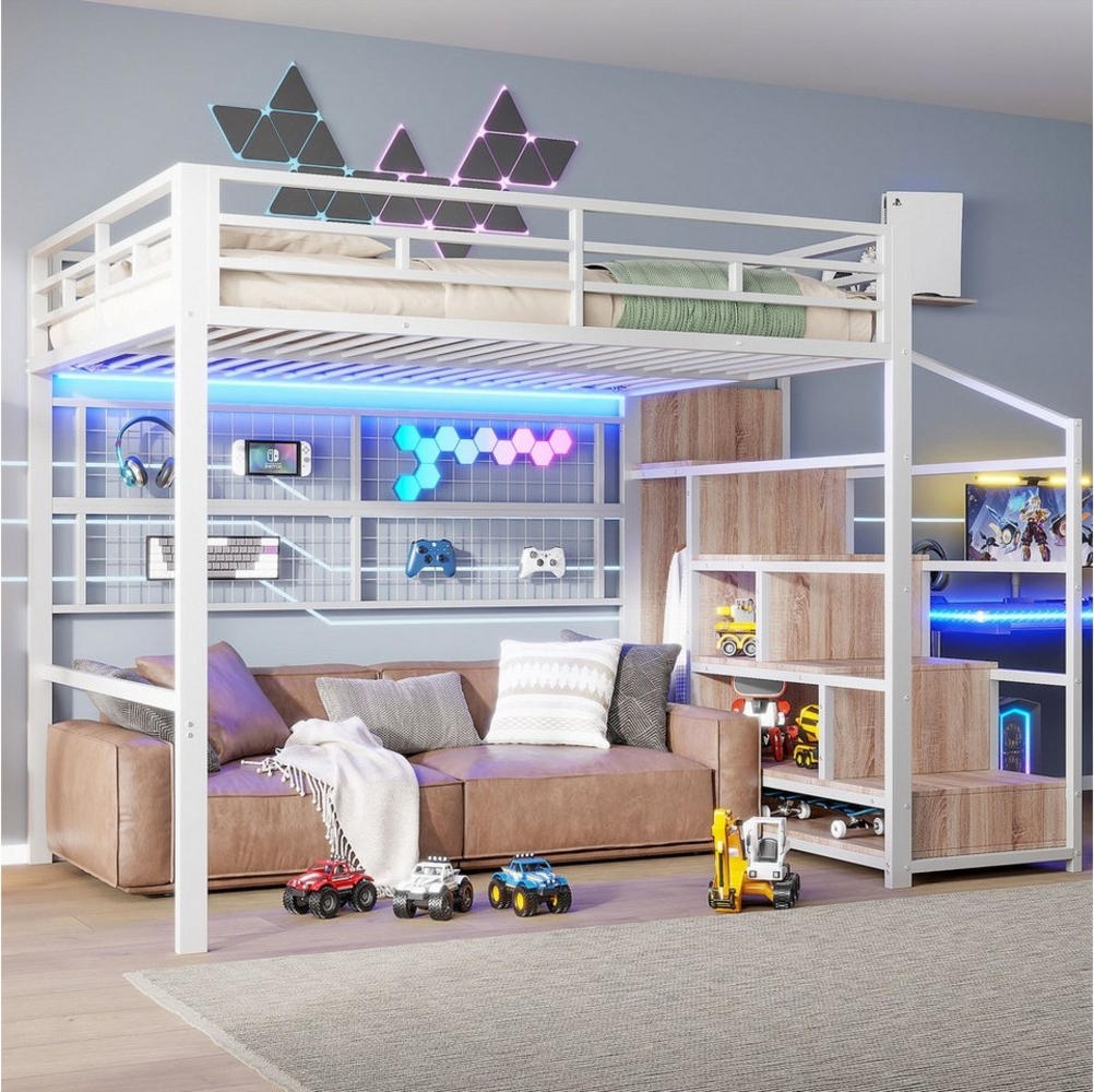 Merax Hochbett 140x200 cm mit LED-Beleuchtung (Doppelbett Jugendbett Kinderbett mit Metallrahmen, 1-St) Metallbett mit Stauraumleiter, Kleiderschrank & hängendem Gitter Bild 1