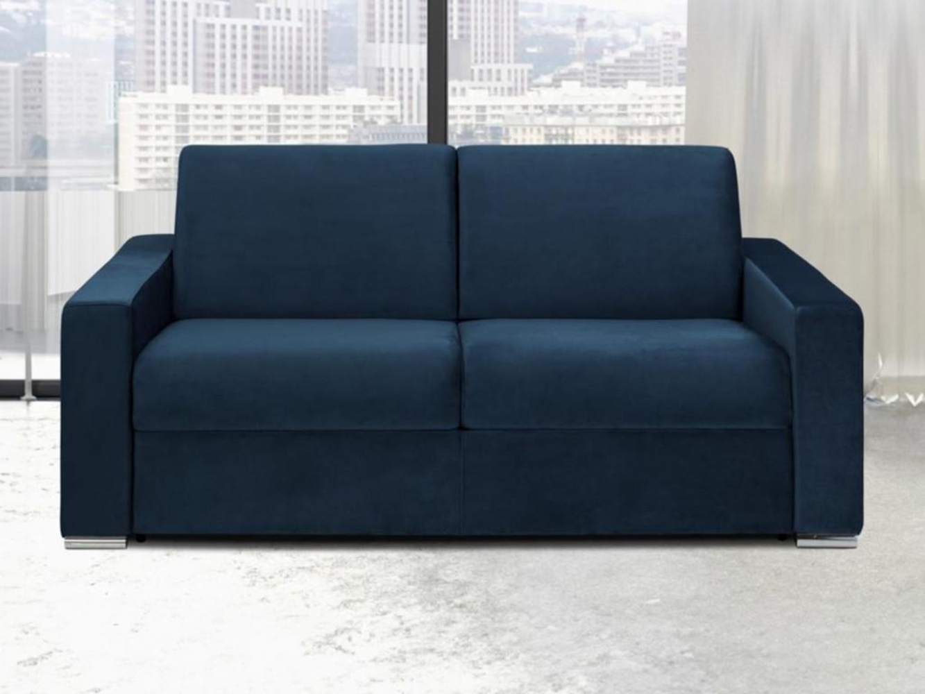 Vente-unique - Schlafsofa mit Matratze 3-Sitzer - Liegefläche: 140 cm - Matratzenhöhe: 18 cm - Samt - Dunkelblau - CALITO Bild 1