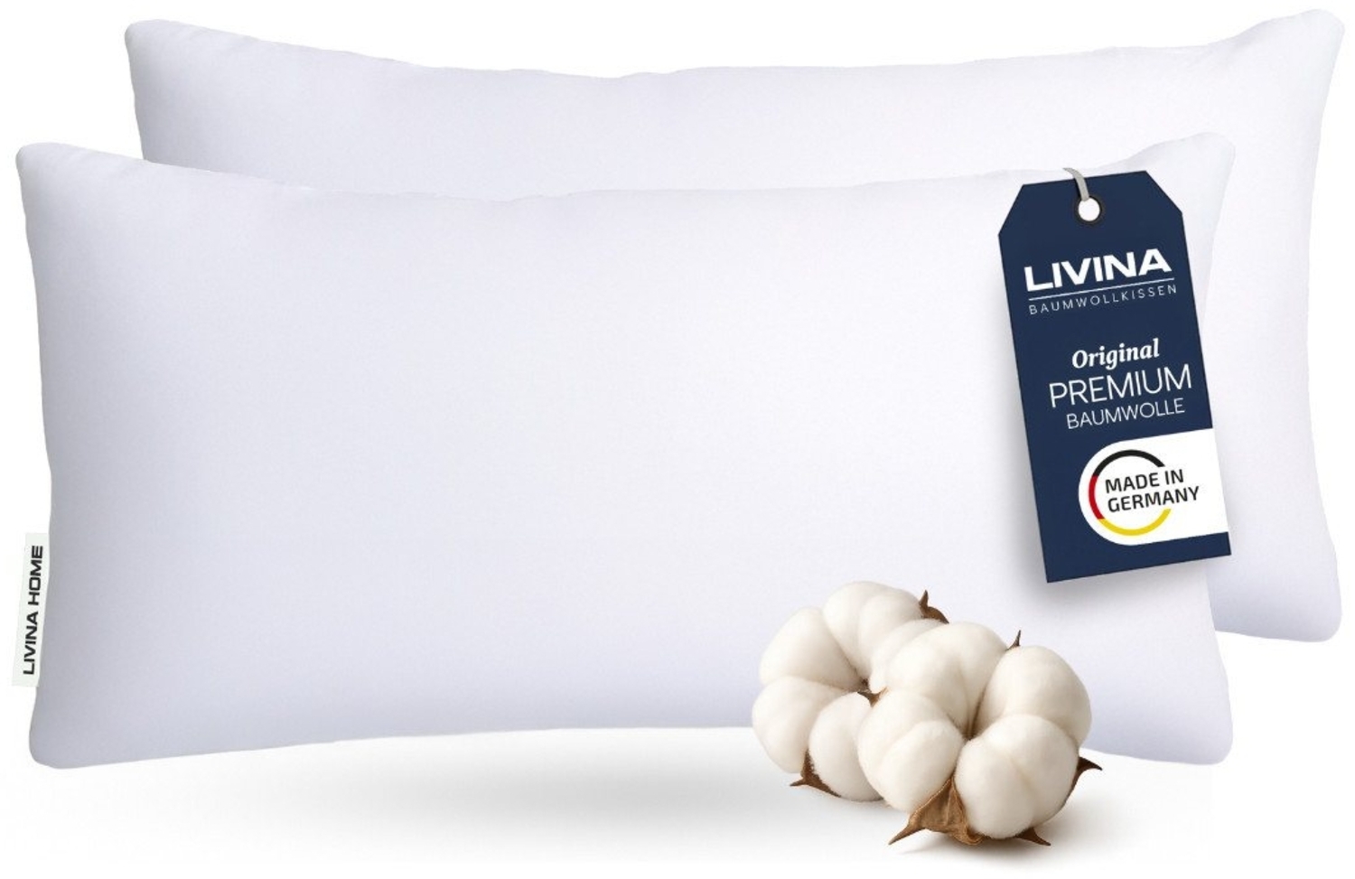 LIVINA HOME Baumwollkissen Premium Kopfkissen, 100% Baumwollbezug, 80x80, 40x80 Kissen, Füllung: Premium-Microfaser, Bezug: 100% Baumwolle, Rückenschläfer, Seitenschläfer, 1 oder 2-tlg, Rückenschläfer, Seitenschläfer, Schlafkissen - Made in Germany Bild 1