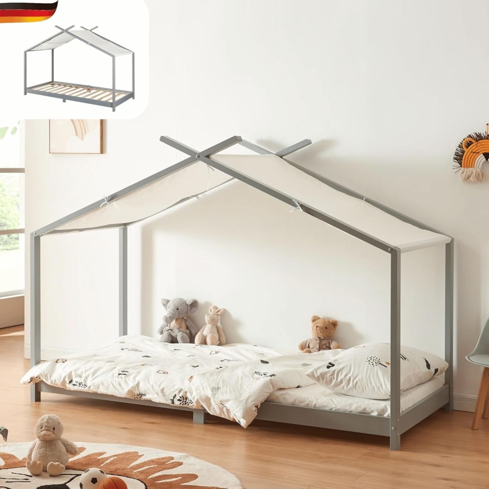 DELUKE® Kinderbett 90x200 KALI - mit Lattenrost Haus-Optik mit DachEinzelbett aus Holz Hausbett Kinderzimmer Montessori Bett Grau Bild 1