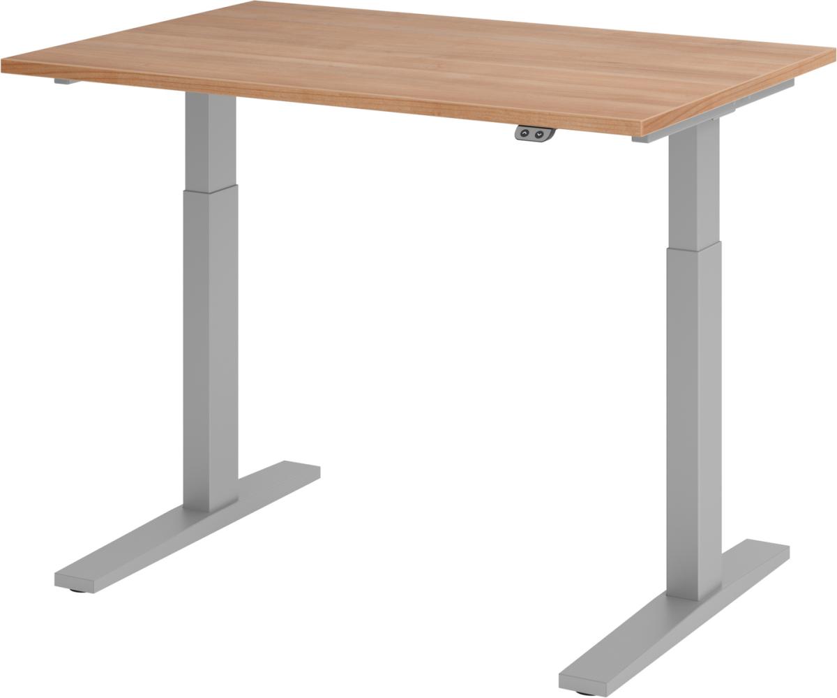 bümö elektrisch höhenverstellbarer Schreibtisch 120x80 cm in Nussbaum, Gestell silber - Schreibtisch höhenverstellbar elektrisch, elektrischer Schreibtisch & Gaming Tisch, XMKA-Serie Bürotisch, XMKA12-N-S Bild 1