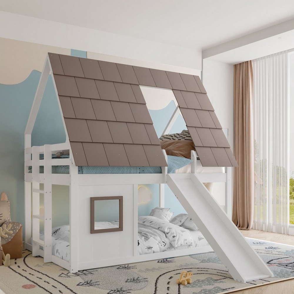 Merax Hochbett (210 x 264 x 193 cm, 1-St, Hausbett Kinderhaus Holzhaus) Etagenbett 140x200cm mit Dach, Leiter & Rutsche, Massivholz Kinderbett Bild 1