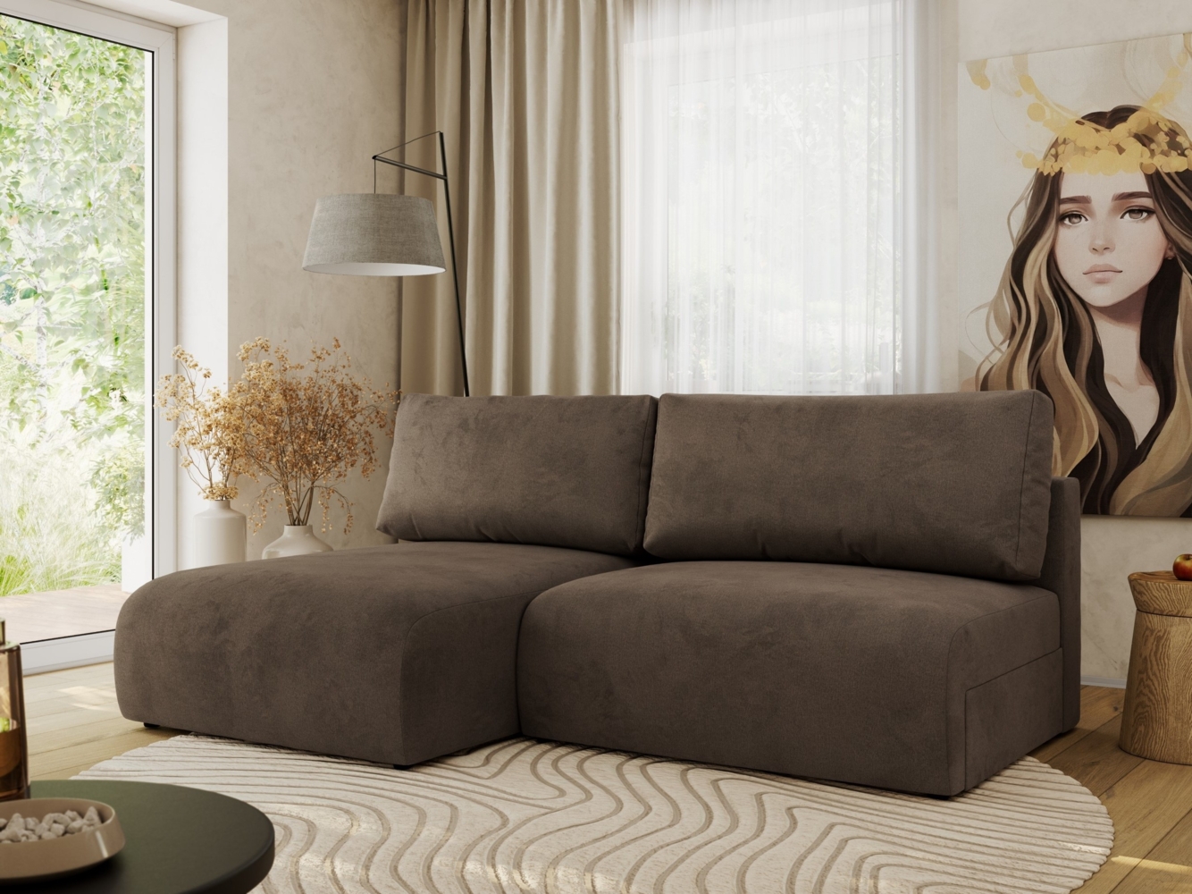 Ecksofa mit Schlaffunktion, lockere Kissen, Wohnzimmerecke mit L-förmigem und Bettkästen, Wellenfeder auf dem Sitz - VIVO - Braun Velours - linke Seite Bild 1