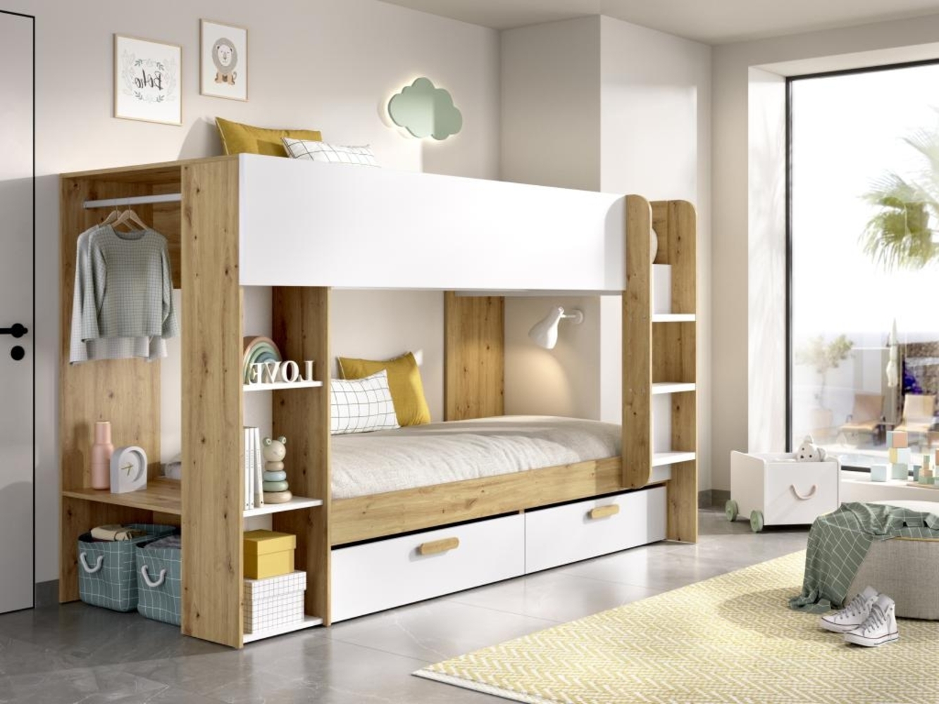 Vente-unique - Etagenbett mit Stauraum & Kleiderstange + Matratze - 2 x 90 x 200 cm - Weiß & Holzfarben - OZANA Bild 1