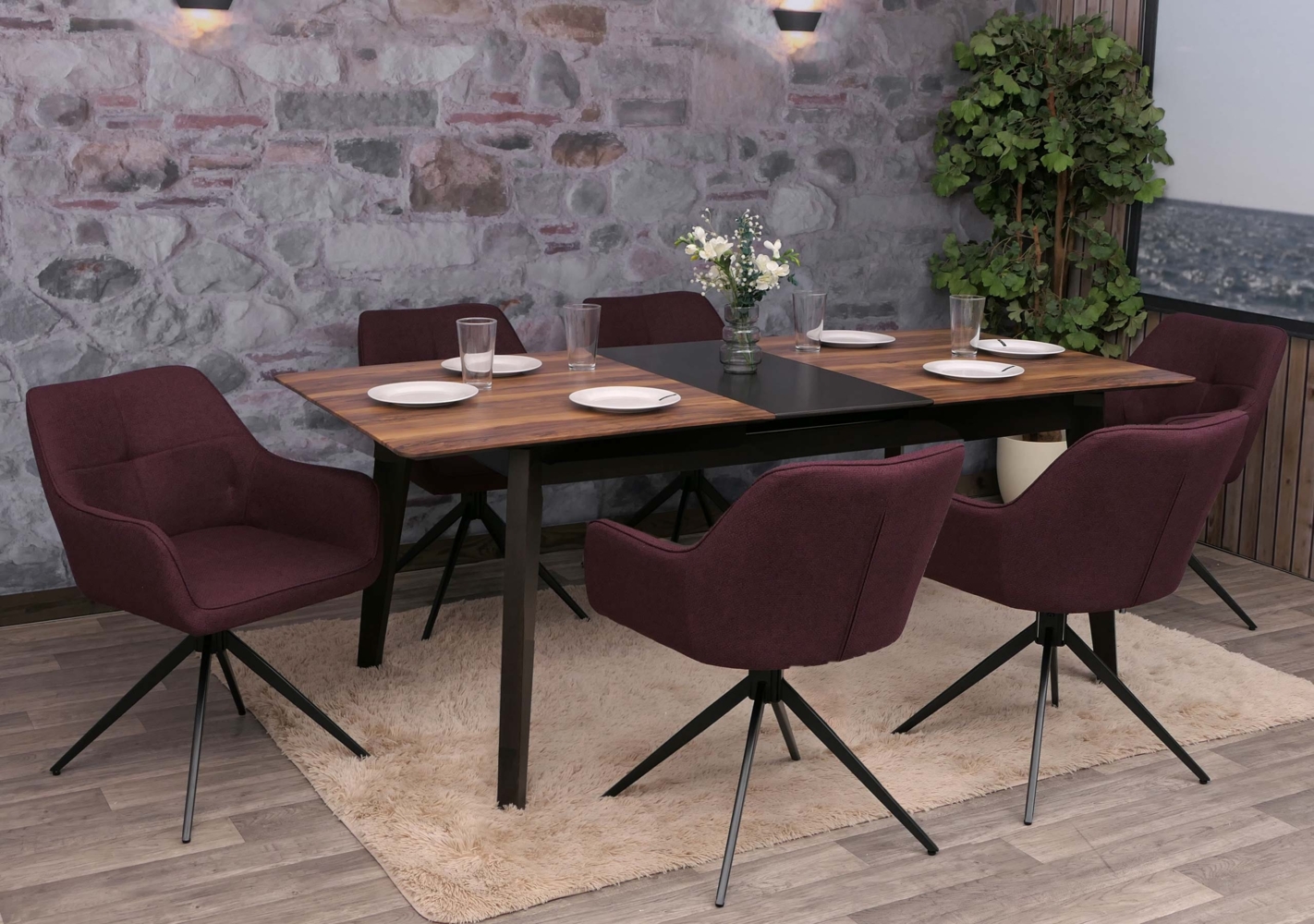 6er-Set Esszimmerstuhl HWC-O47, Küchenstuhl Armlehne, drehbar Auto-Return, Stoff/Textil (270g/m²) ~ bordeaux Bild 1