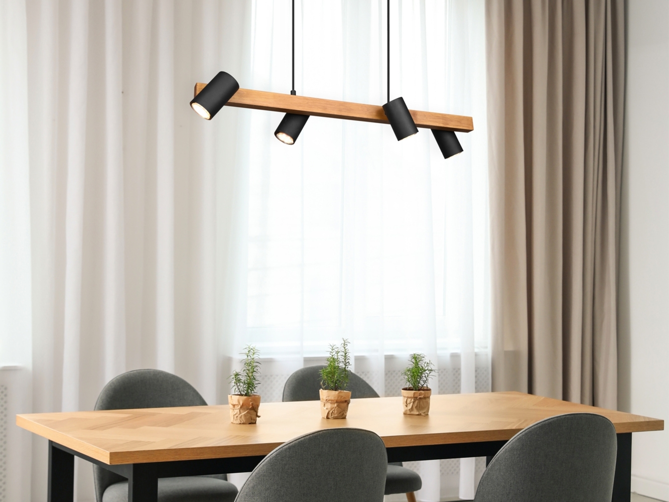 LED Holzbalken Pendelleuchte 4-flammig Schwarz, Breite 80cm Bild 1