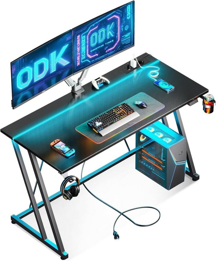 ODK Gamingtisch Gaming Tisch mit LED & Steckdose, Doppel-Z-Rahmen-Design, Carbon Schwarz Bild 1