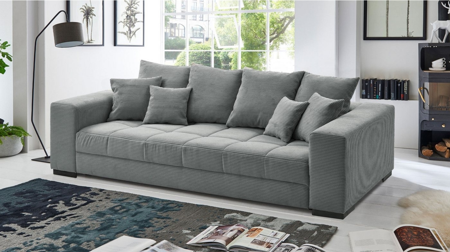 Massivart® Big-Sofa BORNEO Cord beige oder grau 254 cm / 4-Sitzer Cordsofa, Nosagunterfederung / 4 Rückenkissen / 2 mittlere Kissen / 2 Zierkissen Bild 1